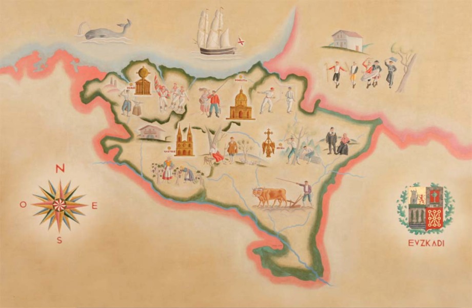 Euskal Abertzaletasunaren Museoa - Olio-pintura mihise gainean: Euskadiko mapa, eraikin enblematiko eta euskal tradizioekin